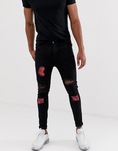 Черные потертые джинсы с цветочными нашивками SikSilk-Черный