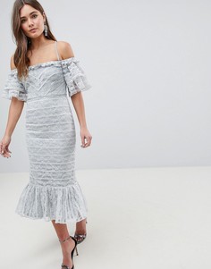 Кружевное платье-футляр миди с оборками ASOS-Серый
