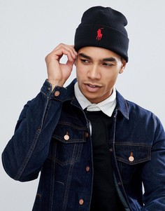 Черная хлопковая шапка-бини в рубчик Polo Ralph Lauren-Черный