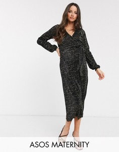 Чайное платье миди с длинными рукавами и блестками ASOS DESIGN Maternity-Черный