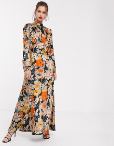 Атласное платье макси с высоким воротником и цветочным принтом ASOS DESIGN-Мульти