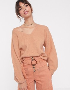Джемпер с V-образным вырезом и объемными рукавами ASOS DESIGN-Розовый
