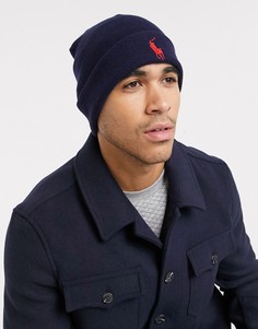 Темно-синяя шапка бини тонкой вязки Polo Ralph Lauren-Темно-синий