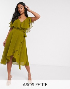 Платье миди с разрезами на рукавах и завязками на плечах ASOS DESIGN Petite-Зеленый