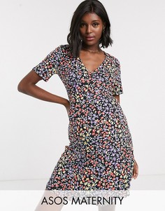 Чайное платье мини на пуговицах с пестрым принтом ASOS DESIGN Maternity-Мульти