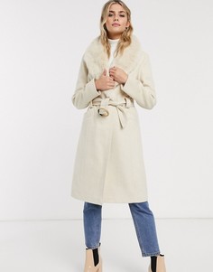 Кремовое строгое пальто со съемным искусственным мехом Miss Selfridge-Кремовый