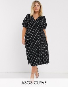 Чайное платье миди в горошек с присборенной талией ASOS DESIGN Curve-Мульти