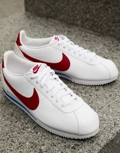 Белые кожаные кроссовки с красной галочкой Nike Cortez-Белый