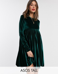 Свободное бархатное платье мини с длинными рукавами ASOS DESIGN TALL-Зеленый