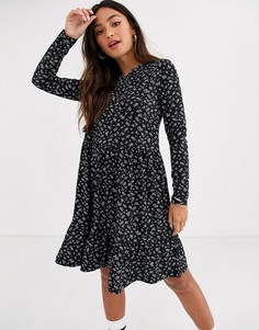 Черное свободное платье мини с цветочным принтом New Look-Черный
