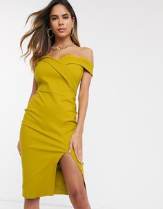 Желто-коричневое платье-футляр миди с открытыми плечами Vesper-Желтый