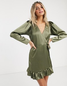 Атласное платье мини с запахом ASOS DESIGN-Зеленый
