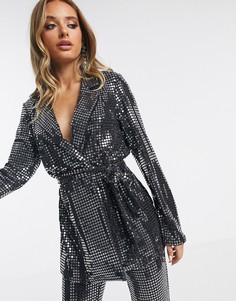 Трикотажный пиджак с пайетками и поясом ASOS DESIGN-Серебряный