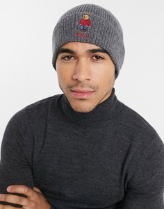 Серая шапка-бини в рубчик с логотипом Polo Ralph Lauren-Серый