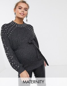 Темно-серый джемпер с искусственным жемчугом Mamalicious Maternity Mama.Licious