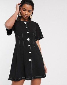 Платье мини с контрастной строчкой и пуговицами ASOS DESIGN-Черный