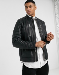 Черная кожаная байкерская куртка BOSS-Черный