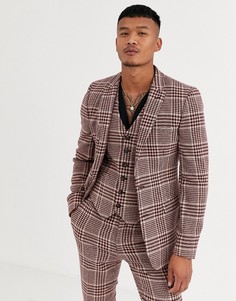 Супероблегающий пиджак из ткани с добавлением шерсти в бордовую и бежевую клетку ASOS DESIGN-Красный