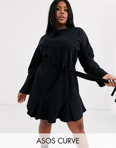 Трикотажное платье с длинными рукавами и оборкой на подоле ASOS DESIGN Curve-Черный