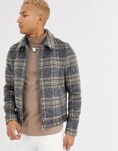 Куртка Харрингтон в клетку с добавлением шерсти ASOS DESIGN-Серый