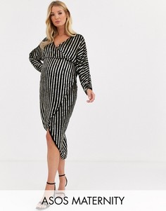Платье миди в полоску с отделкой и рукавами \летучая мышь\" ASOS DESIGN Maternity-Мульти