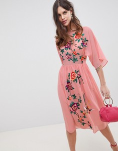 Свободное платье миди с вышивкой ASOS DESIGN-Розовый
