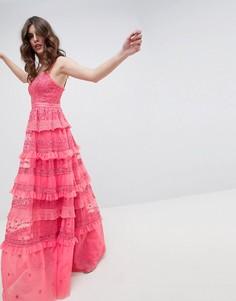 Ярко-розовое ярусное платье макси с вышивкой Needle & Thread iris-Розовый