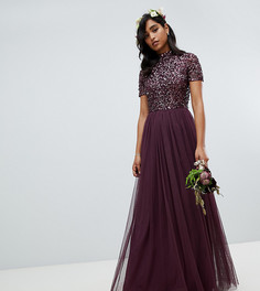 Длинное платье-туника ягодного цвета с высоким воротом и отделкой пайетками Maya-Красный