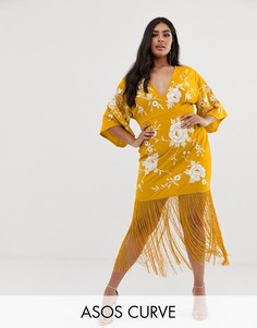 Платье миди с рукавами-кимоно, вышивкой и бахромой ASOS DESIGN-Желтый