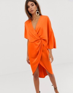 Атласное платье-кимоно миди с асимметричными рукавами ASOS DESIGN-Оранжевый