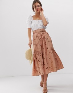 Юбка миди с вырезной отделкой и бамбуковой пряжкой ASOS DESIGN Premium-Розовый
