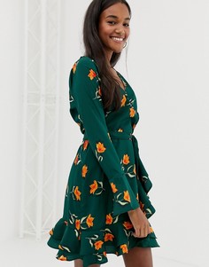 Платье с запахом, оборками и цветочным принтом Influence-Зеленый