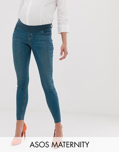 Синие состаренные джинсы скинни с эластичным поясом под животиком и необработанным краем ASOS DESIGN Maternity Ridley-Синий