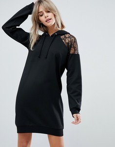 Трикотажное платье-худи с кружевной отделкой ASOS DESIGN-Черный