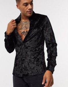Черная эластичная приталенная рубашка из мятого бархата ASOS DESIGN-Черный