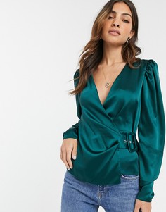 Атласный топ с запахом и поясом ASOS DESIGN-Зеленый