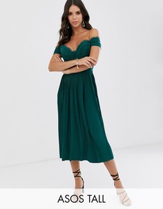 Плиссированное платье миди с кружевной отделкой ASOS DESIGN Tall-Зеленый