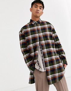 Длинная рубашка цвета хаки в клетку ASOS DESIGN-Зеленый