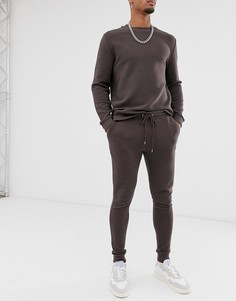Коричневый спортивный костюм со свитшотом и джоггерами скинни в рубчик ASOS DESIGN