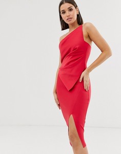 Платье миди на одно плечо в полоску со складками ASOS DESIGN-Розовый