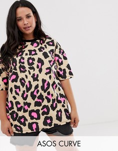Oversize-футболка с неоново-розовым звериным принтом ASOS DESIGN Curve-Мульти