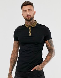 Футболка-поло с узором пейсли на тканом воротнике ASOS DESIGN-Черный