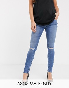 Рваные выбеленные джинсы скинни с завышенной талией ASOS DESIGN Maternity-Синий