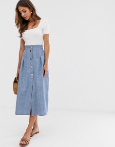 Юбка миди с золотистыми пуговицами ASOS DESIGN-Синий