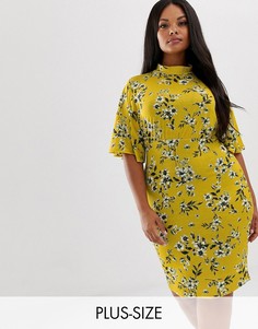 Платье миди с высоким воротом, рукавами клеш и винтажным цветочным принтом Pink Clove-Желтый