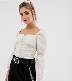 Бежевая блузка на пуговицах с квадратным вырезом Bershka-Бежевый