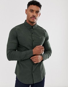 Оливковая облегающая оксфордская рубашка со сплошным принтом и логотипом Hollister-Зеленый