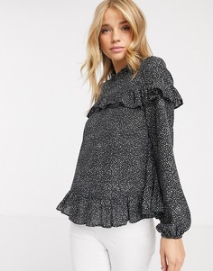 Блузка с баской и оборками в горошек New Look-Черный