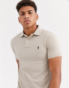 Бежевое приталенное поло из пике с логотипом Polo Ralph Lauren-Серый