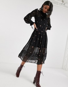Черное платье миди с вышивкой Topshop-Черный
